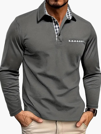 Men's Long-Sleeve Polo Shirt with Checkered Collar – Smart-Casual Style for Everyday and Business