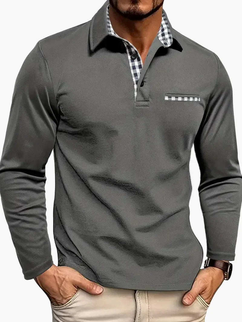 Men's Long-Sleeve Polo Shirt with Checkered Detail – Contemporary Work and Leisure Shirt