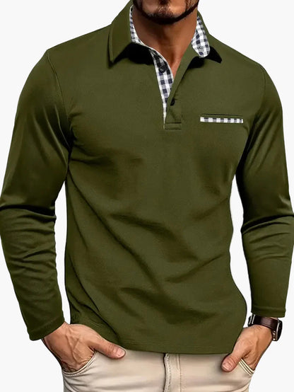 Men's Long-Sleeve Polo Shirt with Checkered Collar – Smart-Casual Style for Everyday and Business