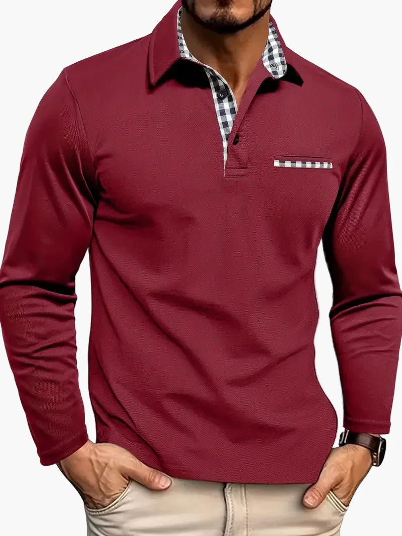 Men's Long-Sleeve Polo Shirt with Checkered Collar – Smart-Casual Style for Everyday and Business
