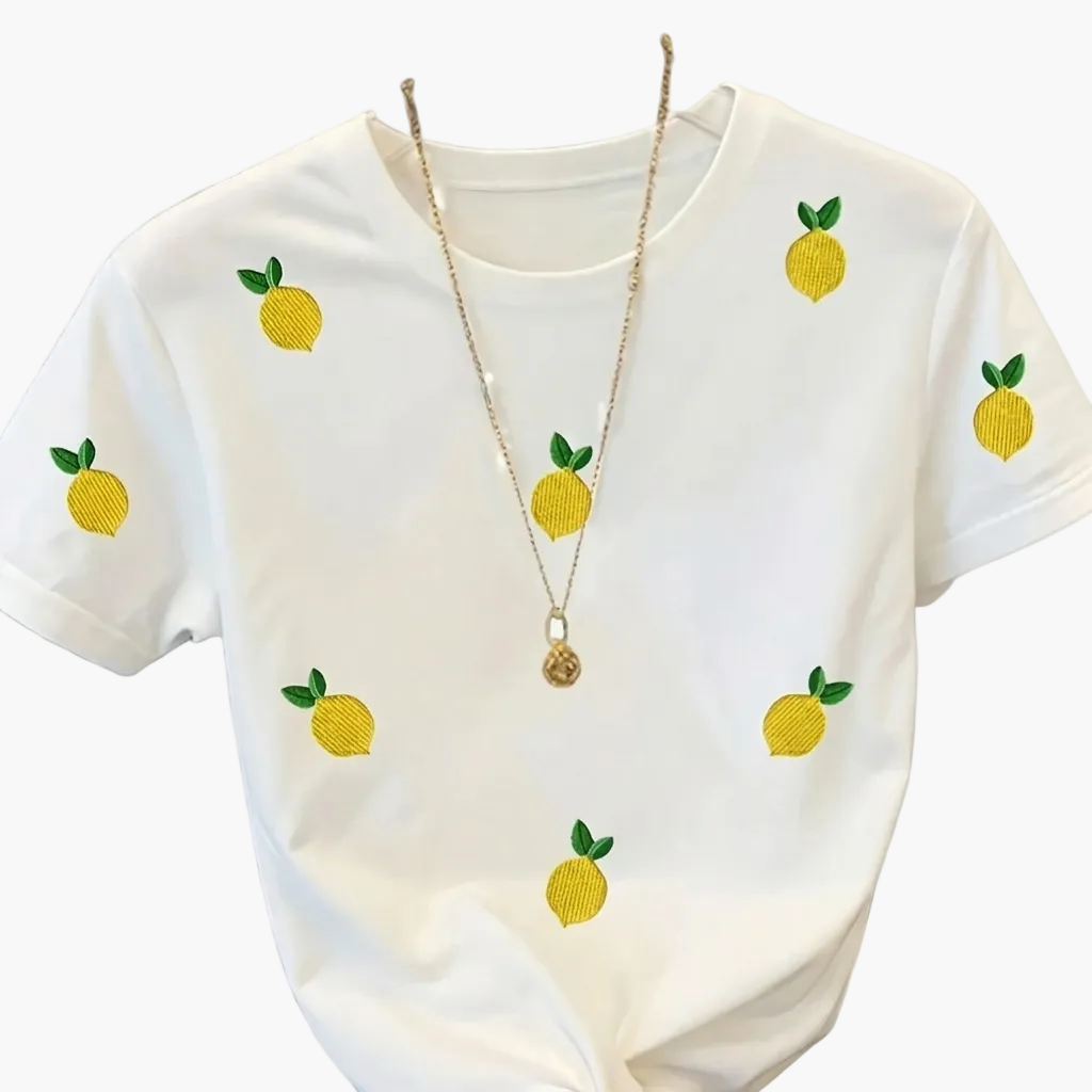 Women's T-shirt with Lemon Embroidery and Summery Fruit Design, Casual Style