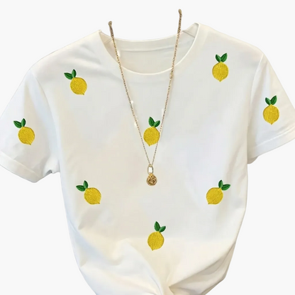 Women's T-shirt with Lemon Embroidery and Summery Fruit Design, Casual Style