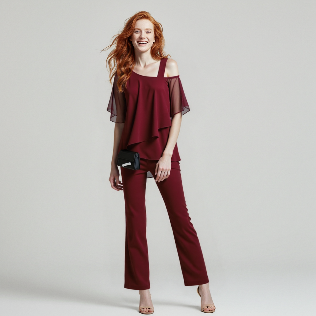 Women's Elegant Two-Piece with Cold-Shoulder Top – Fashionable Trouser Suit for Celebrations, Work, and Gatherings