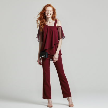 Women's Elegant Two-Piece with Cold-Shoulder Top – Fashionable Trouser Suit for Celebrations, Work, and Gatherings