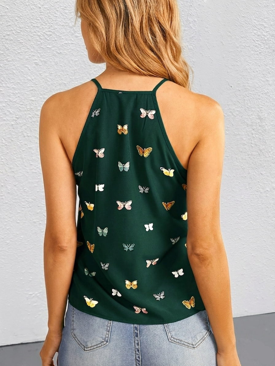 Women's top with butterfly print and spaghetti straps – Elegant summer blouse for leisure and everyday wear