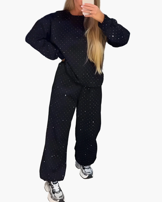 Women's Casual Two-Piece Set with Rhinestones – Comfortable Oversize Outfit for Everyday and City